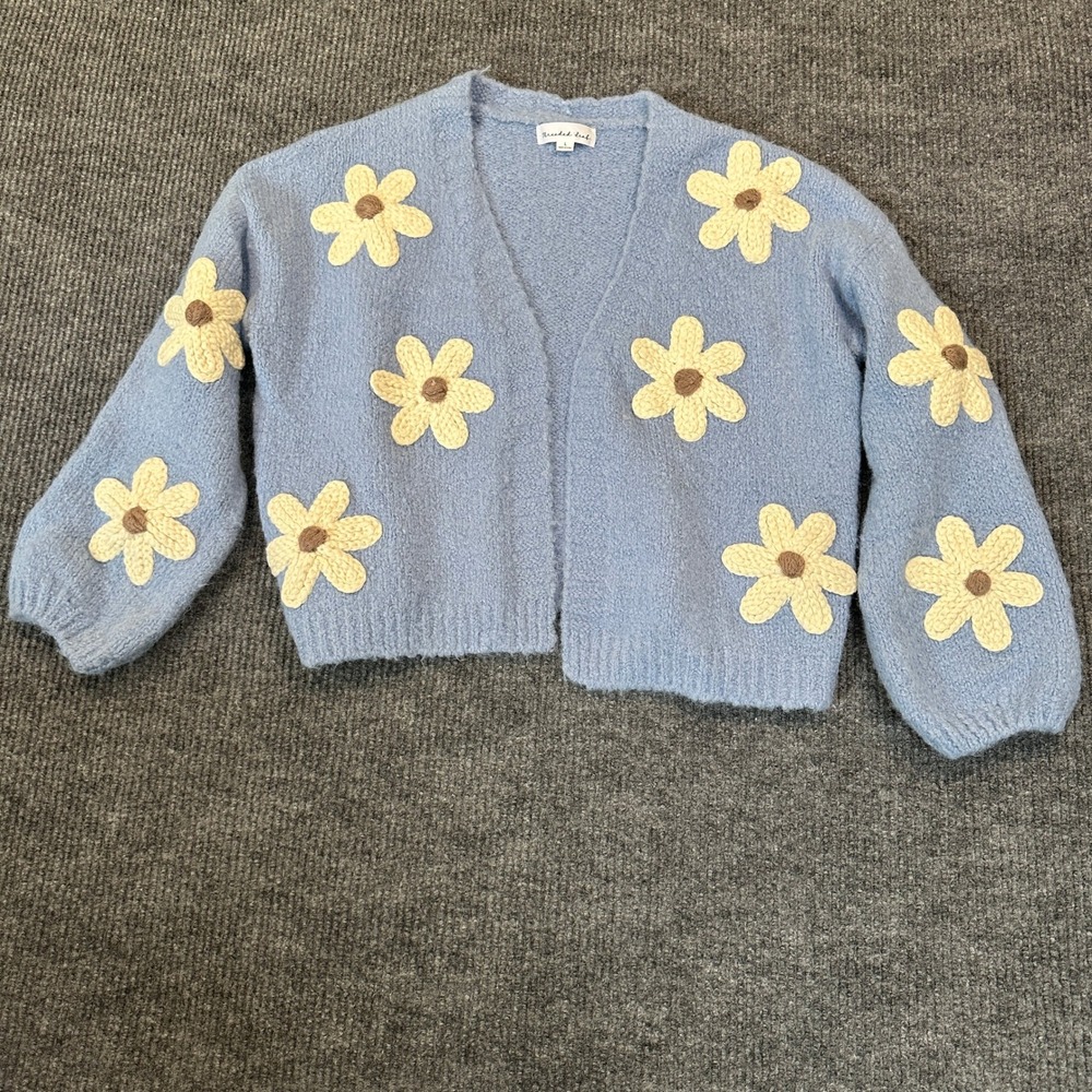 Threaded Leaf Daisy Cardigan Large Blue Floral Knit Cropped Sweater